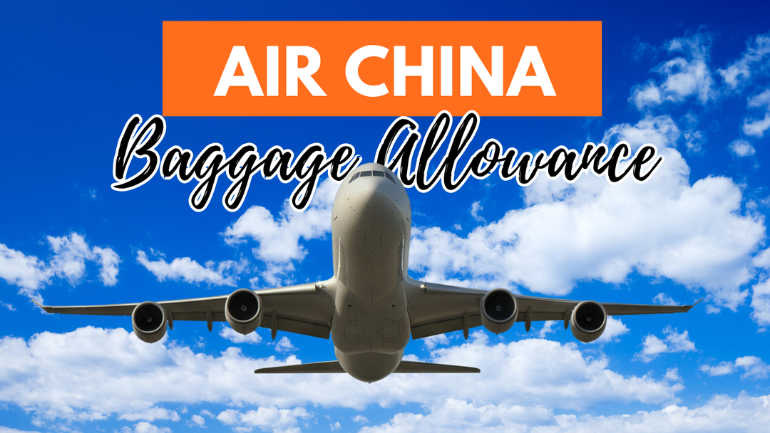 Air China baggage allowance guide banner featuring an airplane in flight against a blue sky.