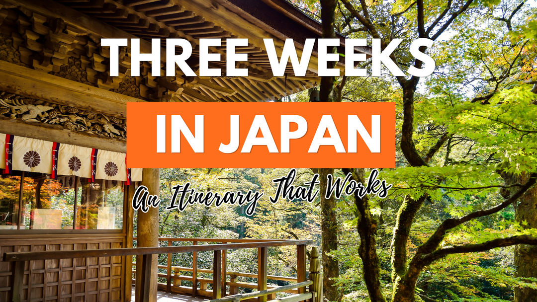 Travel guide banner for a complete Japan 3 weeks itinerary, featuring the ornate wooden architecture of a traditional Japanese shrine surrounded by greenery